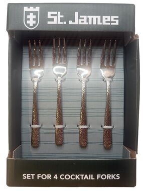 St. James Masonry Hammered Cocktail Forks Set of 4 Stainless Steel Luxury NWT
